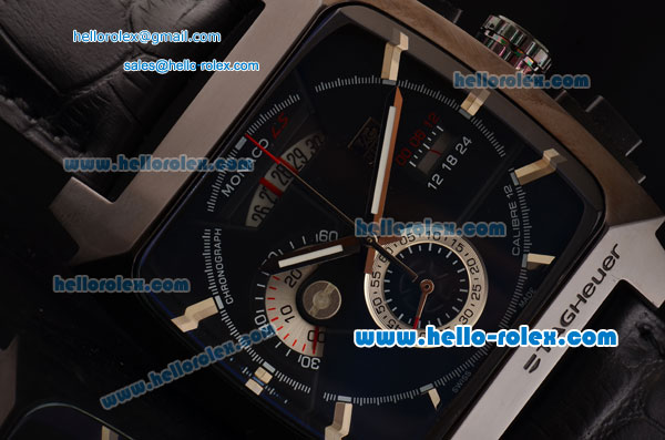 Tag Heuer Monaco Calibre 12 Chronograph Miyota Quartz Movement PVD Case with Black Dial and Black Leather Strap - Click Image to Close